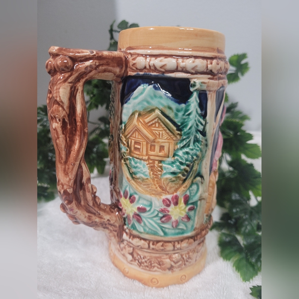 Rustic Ceramic Beer Stein with Scenic Design. Vintage. Mug